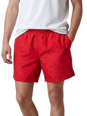 Nautica Mens Red Swim Trunks Navy Anchor Print Mesh Lined Drawstring Pockets XL